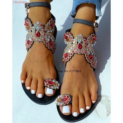 Vinapobo 2020 Big size 40 Rhineston Bohemian Sandals Summer Womens Sandals Flat Casual Beach Slippers Flip Flops Black shoes