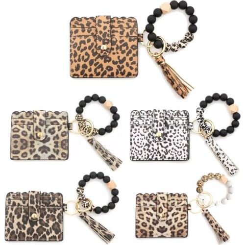 Wooden Beads Bangle Bracelets Leoaprd Leather Cards Wallet Keychains for Women Wrists Accessories Key Rings Gift