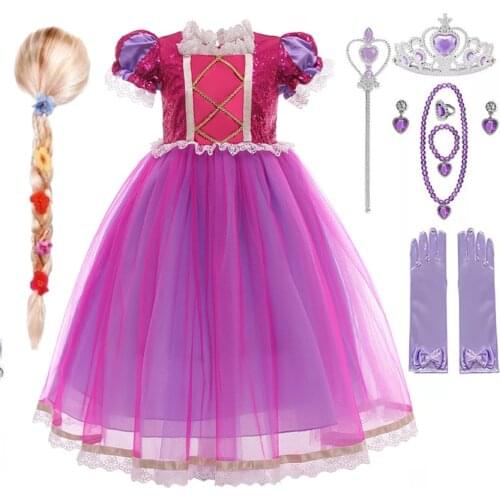 Long Hair Princess Rapunzela Christmas Halloween Tangled Costume Kids Birthday Lace Sequins Girls Sofiaa Dress Up