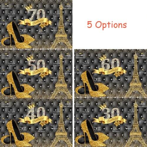 Celebration 50th Birthday Backdrop Photocall Lady Fabulous 60 70th Birthday Background Queen Gold Crown Eiffel Tower High Heels