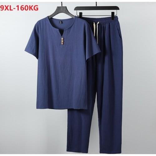 Summer Japan style short sleeve tshirt and pants Men home loose tees linen casual vintage plus size 8XL 9XL oversize tops blue