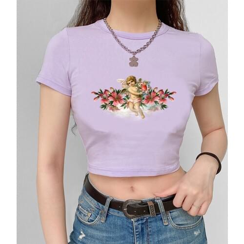 Angel Print Short Sleeve Casual Loose Cotton T Shirt Womens Crop Tee Short Tops Summer Tshirt Streetwear Feminina Camiseta