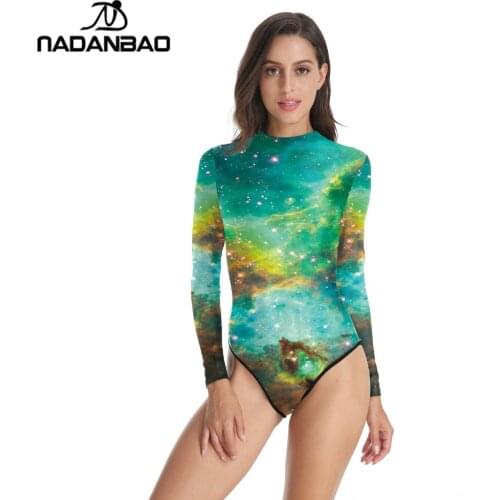 Hot Sale Surfing Beach Wear Green Star Galaxy Printed Women Swimwear Loog Sleeve Zippered One Piece Swimsuit B120-015