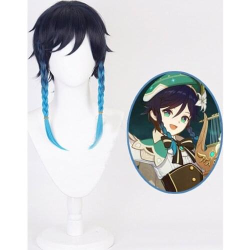 2020 Game Costume Genshin Impact Venti Cosplay Wig Gradient Blue Mixed Color+Free Wigs Cap High Temperature Resistant Wire