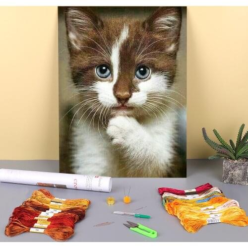 Animal Cat Printed Fabric 11CT Cross Stitch Complete Kit Embroidery DMC Threads Craft Hobby Handiwork Handmade Mulina Decor