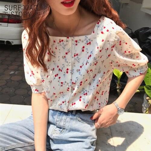 Korean Chic Square Collar Print Chiffon Shirt Woman Summer Puff Short Sleeve Womens Blouse Sweet Floral Female Top Blusas 14355