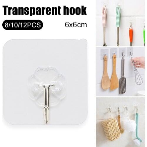 8/10/12Pcs Transparent Adhesive Seamless Wall Hooks Strong Non Marking Sticking Hook Waterproof No Punching Wall Hooks