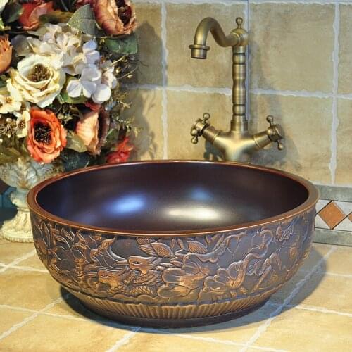 Bathroom vanities chinese Art Counter Top ceramic hand wash basin cabinet bathroom sinks ceramic wash basin carving brown