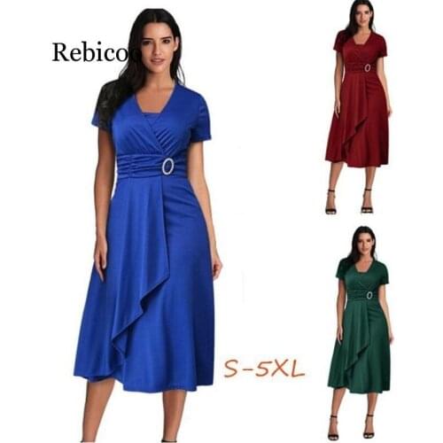 Summer Dress Women Femme Boho Dresses V-neck Plus Size Casual New Short Sleeve Solid girl Party Dress