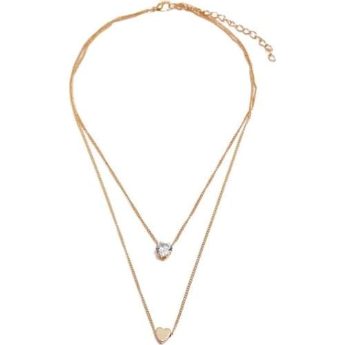 Love Pendant Necklace Sweet Double Layered Love Heart Diamond Rhinestone Pendant Necklace Collarbone Chain for Ladies