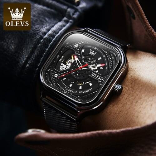 OLEVS Luxury 007 Men Automatic Watch Square Steampunk Mechanical Wristwatch Stainless steel Waterproof Sport Business watch gift