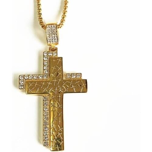 Hip hop Mens Cross Pendant Necklace double-deck Stainless Steel with rhinestone Gold Color men jewelry