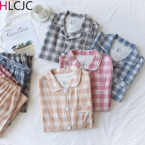 New Spring and Autumn Washable Cotton Couple Plaid Pajamas Soft Men Long-sleeve Simple Home Service Women Pyjamas Two Piece Set