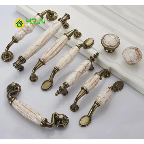 Cabinet Handle Knob Round Metal Marble Ceramic Antique European Rural Style For Furniture Cupboard Drawer Wardrobe Door Pull