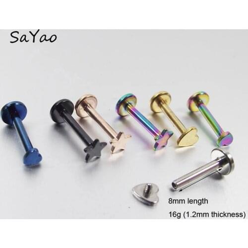 SaYao 2 Piece 16G Titanium Anodized Internally Threaded Prong Star Heart Labret lip piercing labret ring Tragus Earring