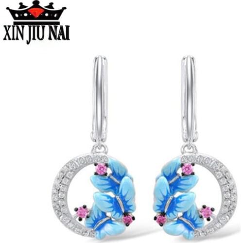 925 Standard Sterling Silver New Blue Butterfly Flower Shape Earrings Round Zircon Jewelry Fashion Women Girl Earring Gift