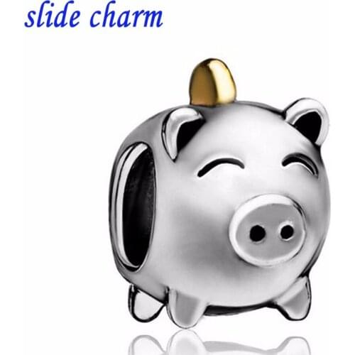 Slide charm Free shipping pig piggy bank animal beads fit Pandora charm bracelet mother lover Christmas gift
