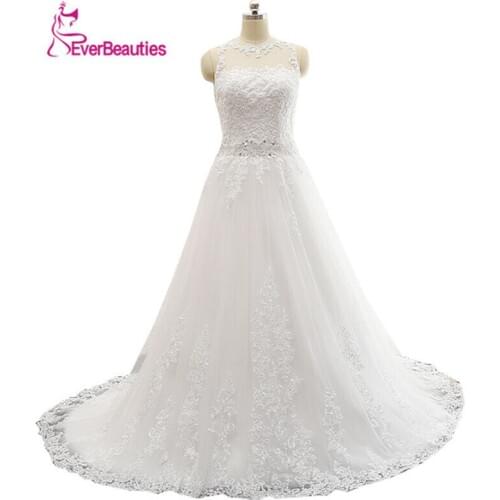 Vestido De Noiva A-Line Modest A-line Sheer Sweetheart Appliqued Lace Beaded Belt Backless Wedding Dress 2020