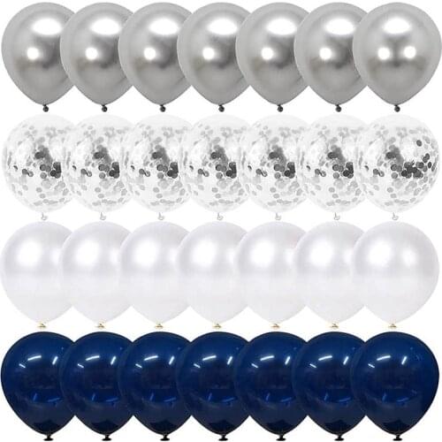 Navy Blue and Silver Confetti Balloons 100 Pcs, 12 Inch White Pearl and Silver Metallic Chrome Party Balloons