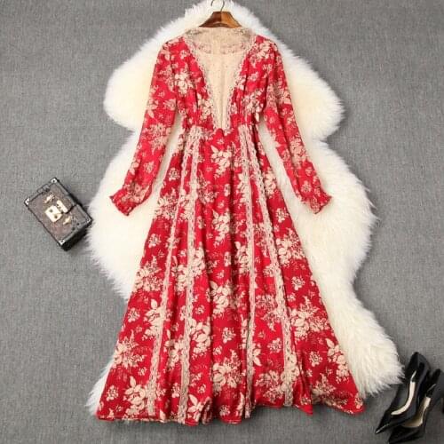 High 2021 NEW quality Lace Chiffon Celebrities party dress xl Women Clothing Long sleeve Dress Vintage print Flower long dresses