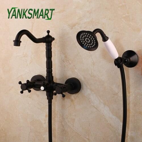 YANKSMART Black Bathroom Faucet Basin Sink Wall Mounted Bathtub Shower Faucet Dual Handles Dual Control Hot & Cold Mixer Tap