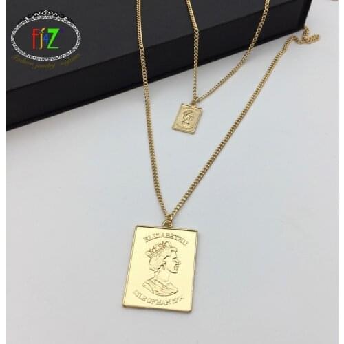 F.J4Z Fashipn 2layers Pendant Necklace for Women Hot Female Elizabeth II Square Pendants Halsketten fur Frauen