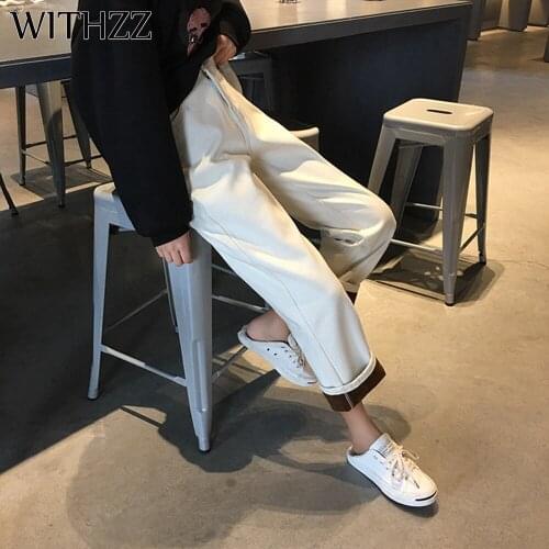 WITHZZ Autumn Winter Womens Loose High Waist Elastic Waist Denim Pants Fleece Straight Jeans