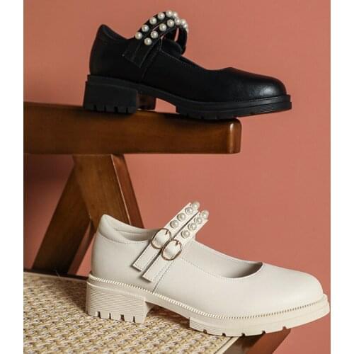 2021 Chic Two beads belt buckle mary janes woman flats thick heels loafers real leather pearl lolita shoes women plus size 35-43