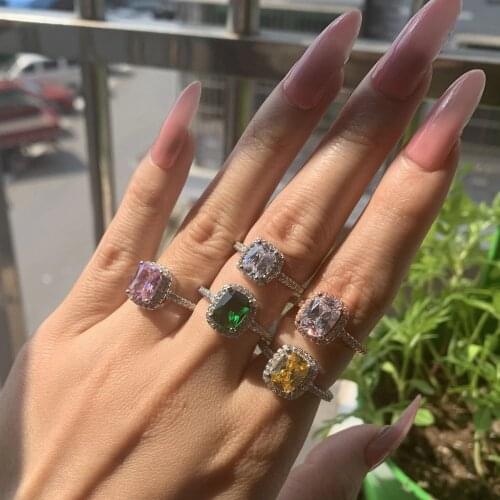 Drop Shipping Sparkling Fashion Jewelry 925 Sterling Silver Cushion Shape Multi Color 5A CZ Wedding Band Ring for Women Gift