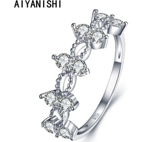 AIYANISHI Female 925 Sterling Silver Band Ring Silver Color Love Engagement Ring Vintage Zircon Stone Wedding Rings For Women