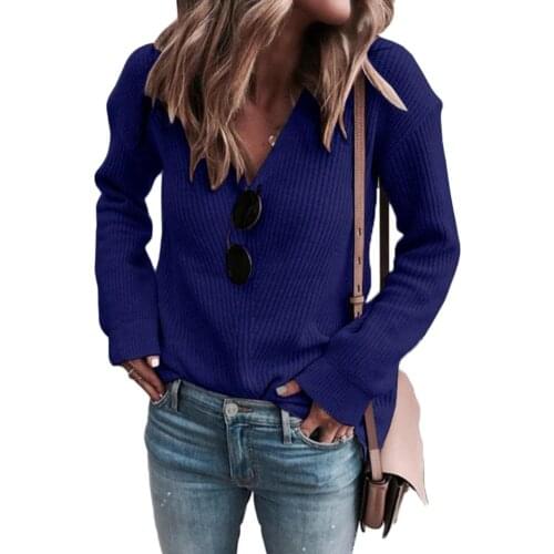 Plus size dress apparel Stylish Women Autumn Solid Color V Neck Knitwear Ribbed Loose Sweater Blouse 2020