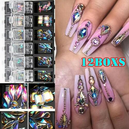 3D AB Diamond Gems Nail Glitter Rhinestone Glass 12 Grids Crystal Charms Nail Art Decorations DIY Tips Shiny Gems Accessories