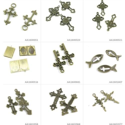Antique Bronze Tone Jewelry Making Charms Rose Latin Cross Jesus Christian Fish Key Photo Box God Sun Bracelet Pendant Necklace