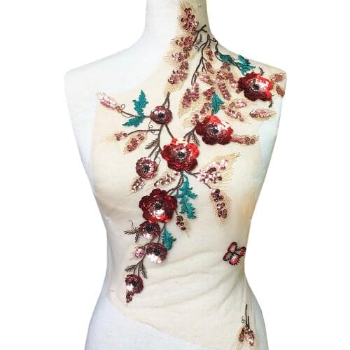 Sequin 3D Flower Large Embroidery Patch Lace Applique Beaded Neckline Collar Trim Embroidered Patches Parches Ropa Sew On AC1514