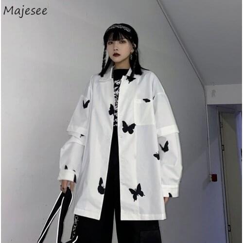 Shirts Women Fashion New Summer Removable Sleeve All-match Butterfly-printing Streetwear Female Top Harajuku Turn-down Collar BF