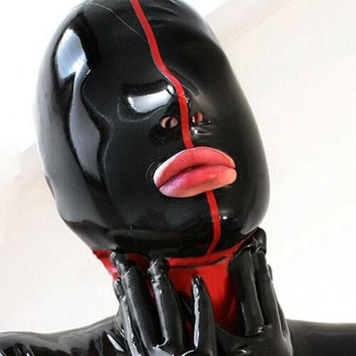 Black Latex Hood with Red Brim and Red Neck Back Zipper Rubber Mask Club Wear sexual toy adult