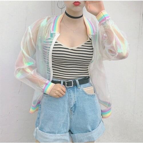 Harajuku summer women jacket female sun protection clothing transparent jacket sunproof baseball jacket loose fit casual style