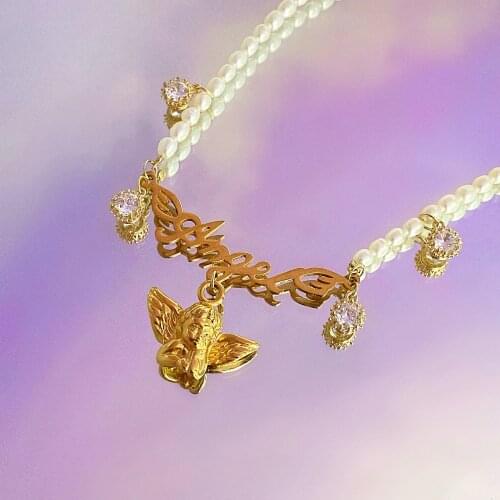 Korean Charms Pearl Letter Angel Pendant Necklace For Women Vintage Y2K Jewelry Choker Necklace Gossip Girl 90s Style Friends