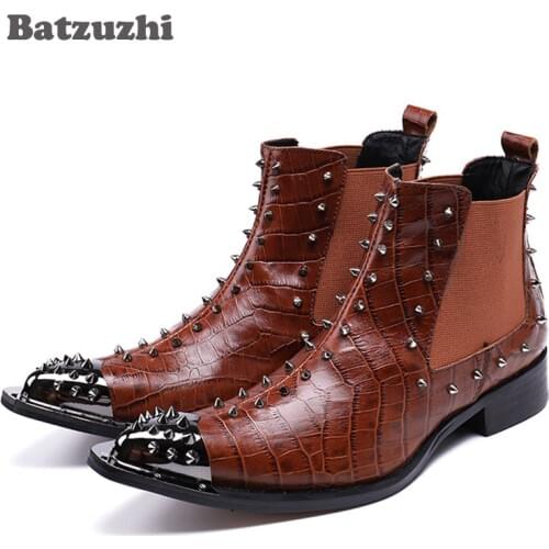 Batzuzhi New Western Cowboy Boots Man Metal Pointed Toe Leather Boots Brown Rock Motocycle Boots Men Nightclub Party,38-46