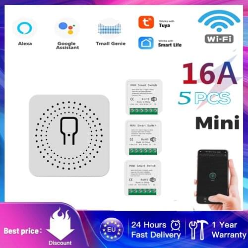5PCS Mini Tuya Wifi DIY Switch 16A/10A 100-240V 2 Way Control Smart Home Automation Module Works with Alexa Google Home