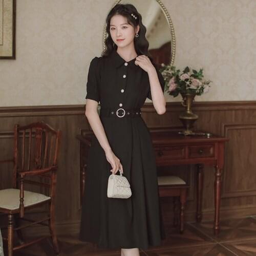 Short Sleeved Temperament Lapel Literary Retro Solid Color Midi Dress Summer Korean Casual Black Dress With Belt