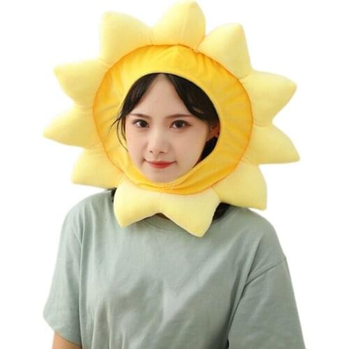 Kawaii Cartoon Yellow Sunflower Plush Hat Funny Stuffed Toys Headgear Warm Beanie Earflap Cap Cosplay Party Props