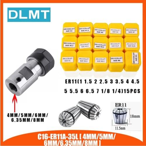 15pcs High Carbon Steel ER11 Spring Collet 1-7mm with ER11A Extension Rod Motor Shaft HolderInner 4MM 5MM 6MM 6.35MM 8MM