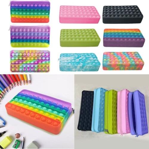 Rainbow Pencil Case Silicone Fidget Toys Push Bubble Toys Stress Reliever Decompression Toys for Adults Children Antistress Toys