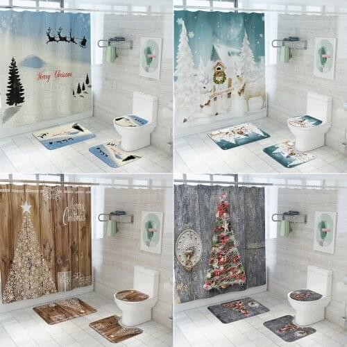 Merry Christmas Shower Curtain Set Bath Mats Rugs Christmas Tree Deer Anti Slip Pads Toilet Cover Bathroom Curtains with Hooks