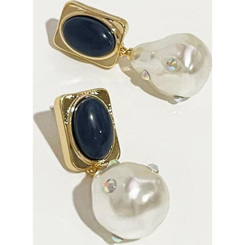 PerisBox Faux Pearl Drop Earrings Embedded Lapis Lazuli Square Gold Earrings Embellished Small Rhinestone Dangle Earrings Women