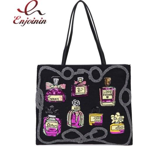Sequin Embroidery Perfume Design Pu Leather Tote Bag Shoulder Bag for Women Fashion Purses and Handbags Casual Shopping Bag