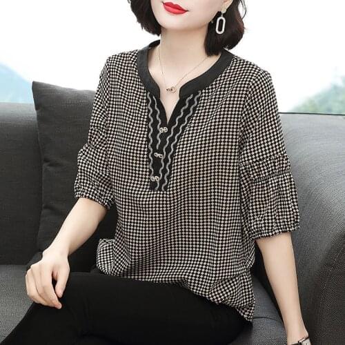 V-Neck Plaid Printed Blusas Women Half Sleeve Blouses Shirts Lady Casual Spring Summer Style Tops Plus Size