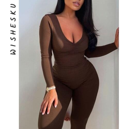 Women‘s Basic Bodycon Jumpsuit Y2K Clothing Casual Brown Fitness Rompers 2021 One Piece Playsuit Activity Streetwear Overalls