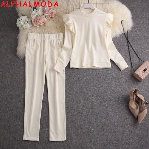 ALPHALMODA 2020 Autumn New Womens Ruffled Tracksuits Long-sleeved High Quality Cotton Sweatshirt Trousers 2pcs Fashion Set